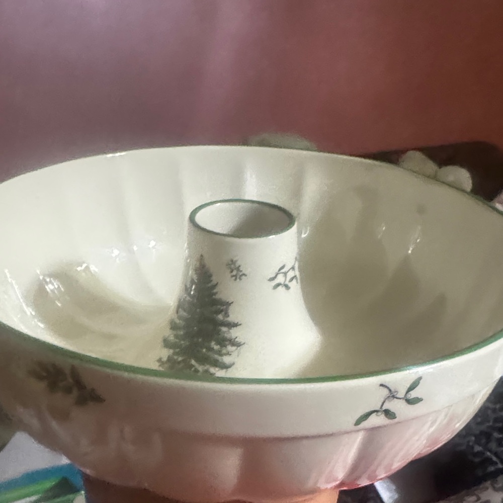 Spode Cream Ceramic Bundt Pan with Green Tree Design